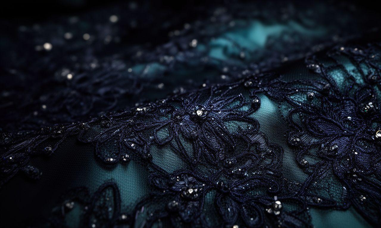 A close-up of intricate lace on a midnight blue evening gown