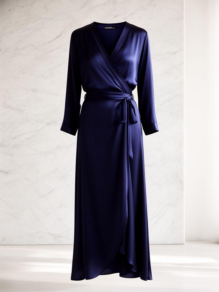 Midnight blue silk wrap dress with crystal embellishments
