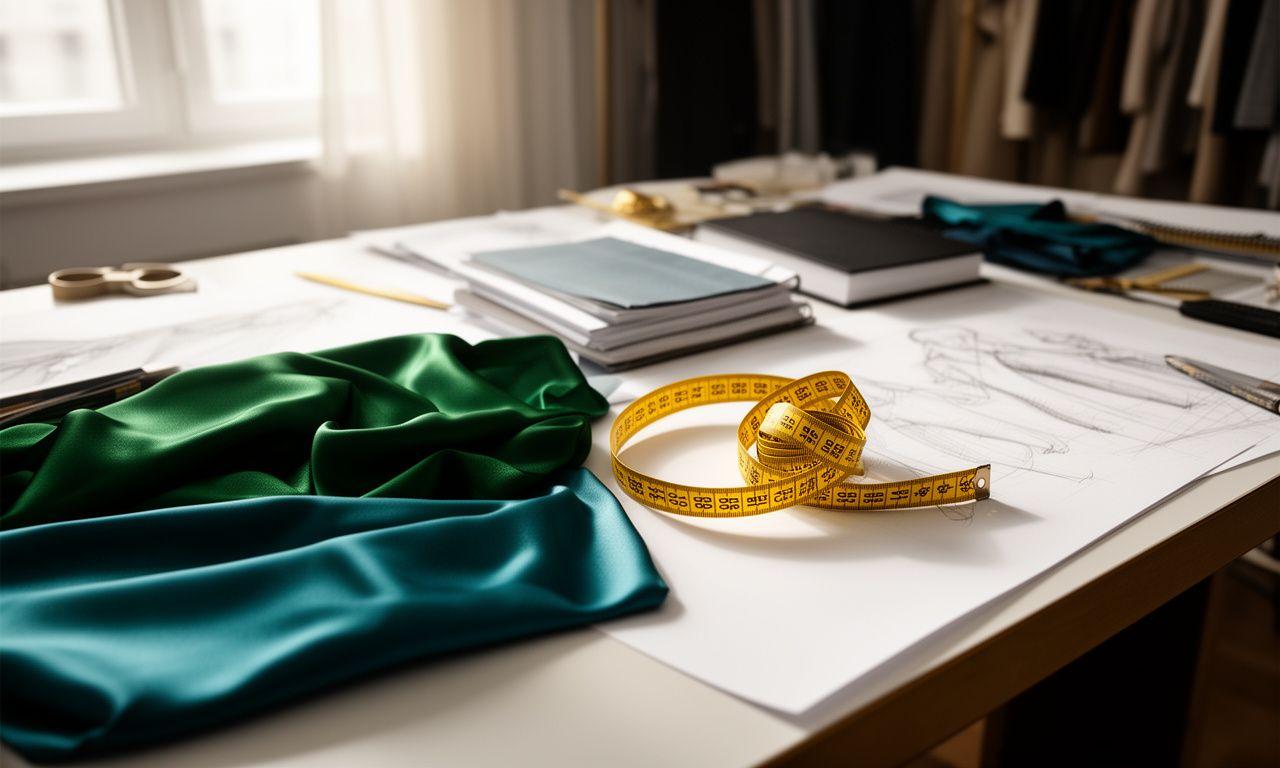 Ethereal fabrics and measuring tapes on a designer atelier desk