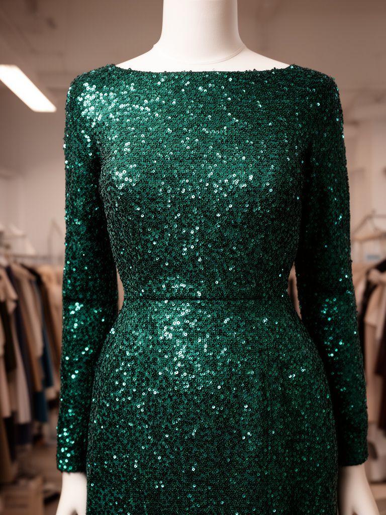 Emerald sequin cocktail dress with architectural neckline