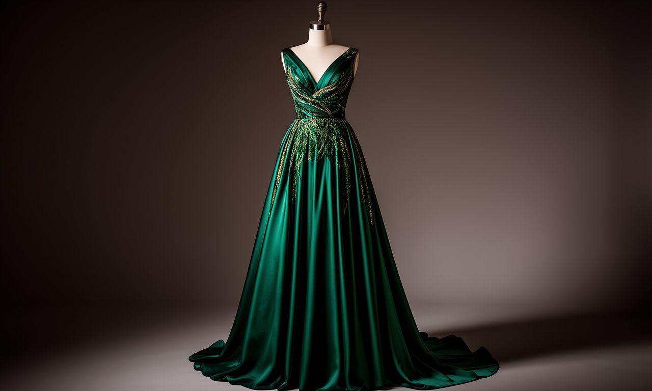 Elegantly dressed mannequin in a bespoke emerald silk evening gown