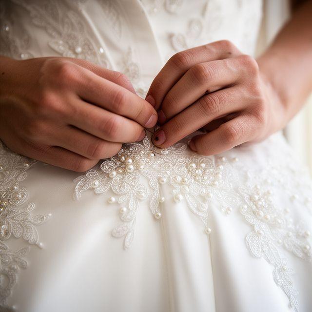 Close up of hand stitching on a white silk bridal gown