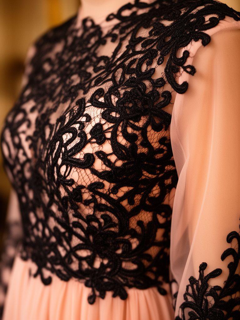 Chunky noir lace cocktail dress with sheer sleeves